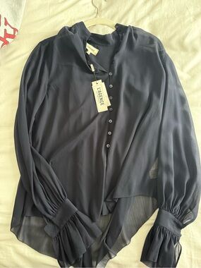 L'AGENCE Navy Sheer Ruffle-Cuff Button Blouse